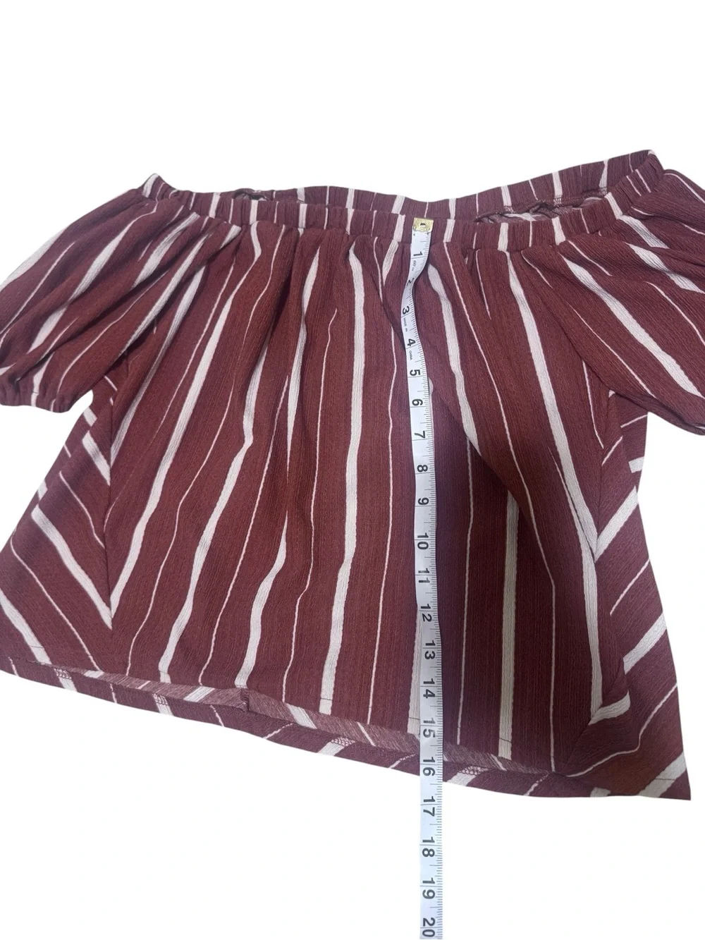 Anthropologie Burgundy and White Striped Off-Shoulder Puff Sleeve Top